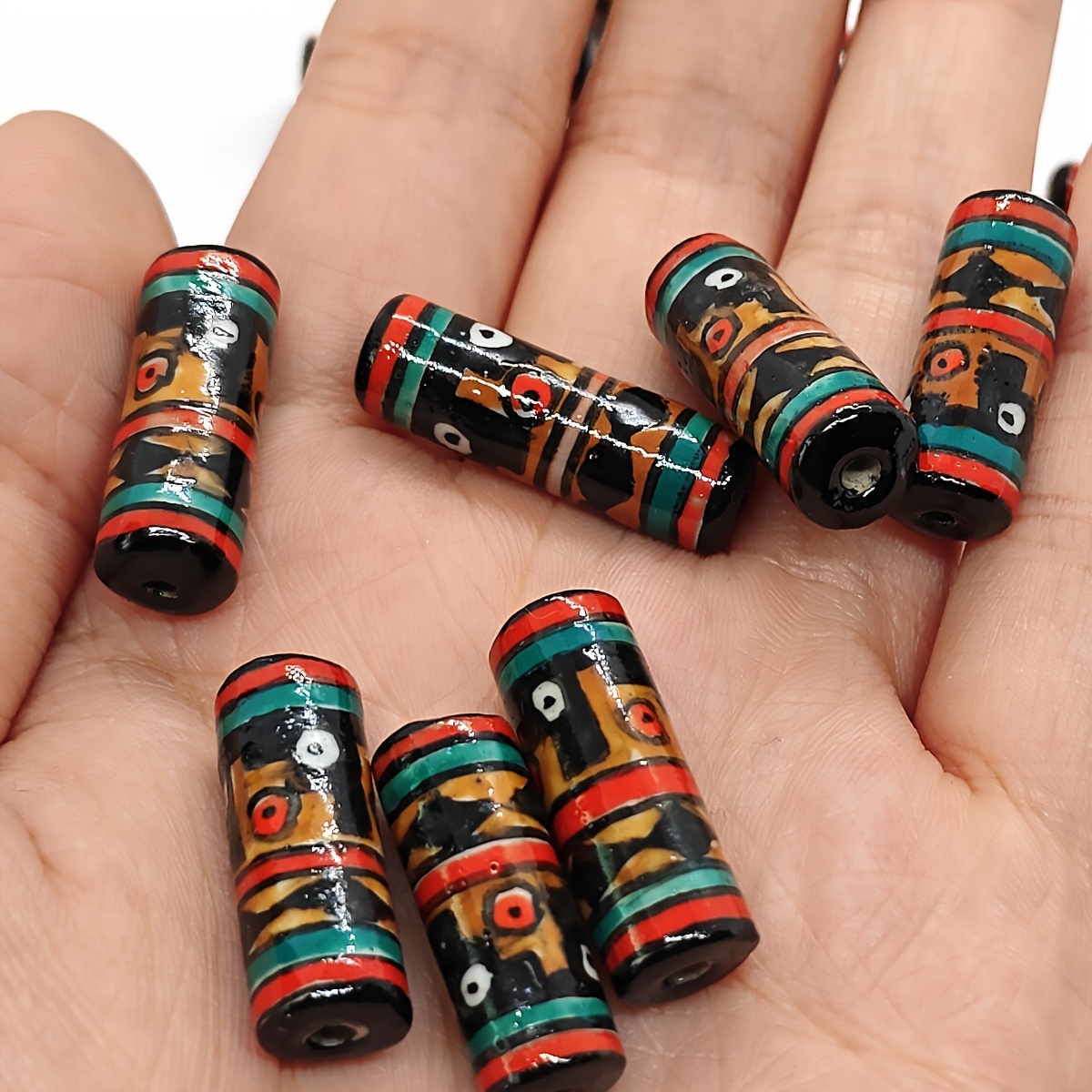 Brown Tribal Pattern Cylinder Ceramic Beads, 2pcs Set